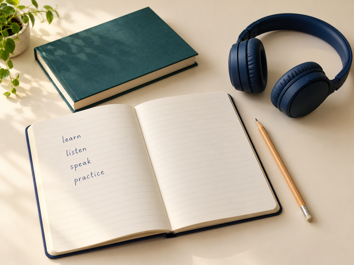 An English learning notebook, books, headphones and a pencil on a sunlit desk